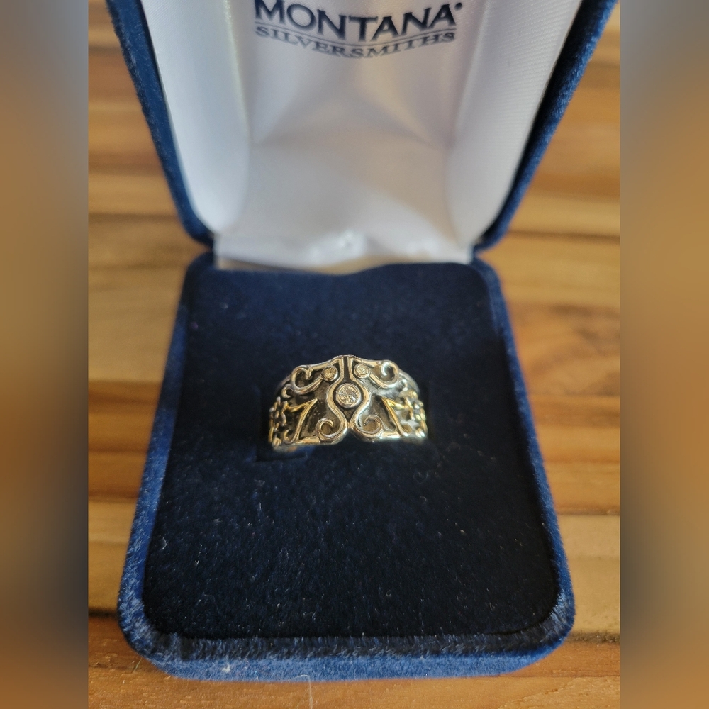 Montana Silversmiths‎ Sterling Silver Antiqued Gold Accents Cz Stone Sz 6 New